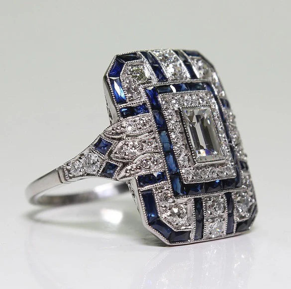 Anillo Brillante Azul en Plata Vintage