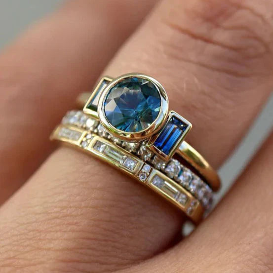 Set de Anillos Elegante con Cristal Azul Vintage